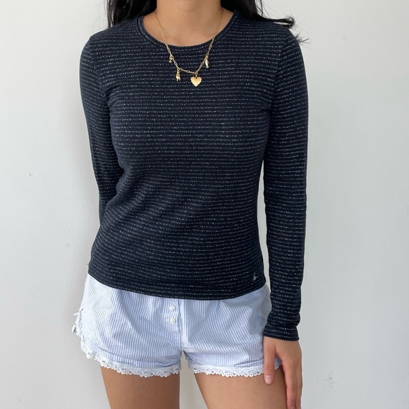 Jack Wills Navy and Silver Metallic Striped Long Sleeve Top - Small - Picture 1 of 5